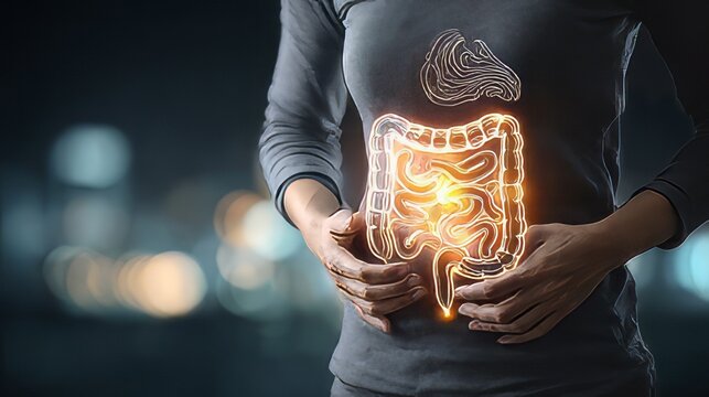 Glowing human intestinal tract superimposed over a person abdomen.