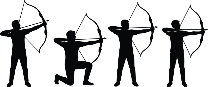 Archery silhouette collection featuring standing and kneeling bow hunters in dynamic target shooting action poses