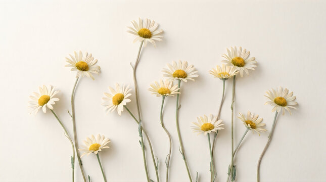 Minimalist wild daisy arrangement on ivory white background, flat lay botanical floral stems with yellow centers, spring nature concept