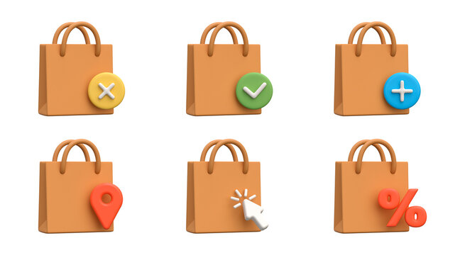 3D Shopping Bag Icons Set. Collection of ecommerce and retail symbols for online shopping, add to cart, checkout, store locator and discount design.