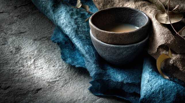 Rustic Ceramic Tea Bowls on Blue Textile Fabric with Natural Leaves. Generative AI