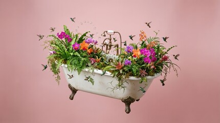 Fototapeta premium Surreal Floating Victorian Clawfoot Bathtub Filled with Lush Tropical Jungle Ferns and Glowing Orchids in Zero Gravity on Pink Background
