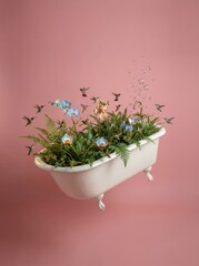 Fototapeta premium Surreal Floating Victorian Clawfoot Bathtub Filled with Lush Tropical Jungle Ferns and Glowing Orchids in Zero Gravity on Pink Background