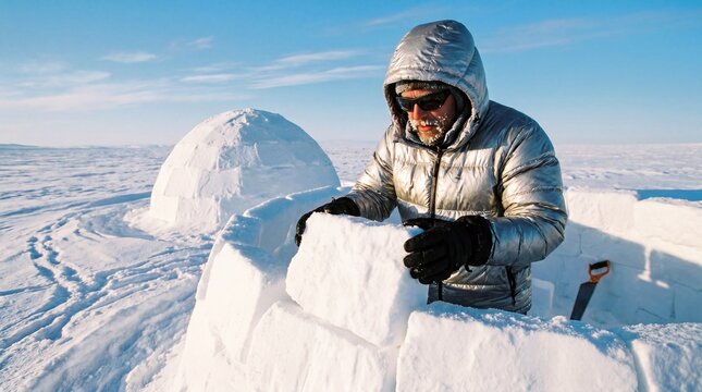 Man Building Igloo in Snowy Arctic Landscape Under Bright Sunlight.