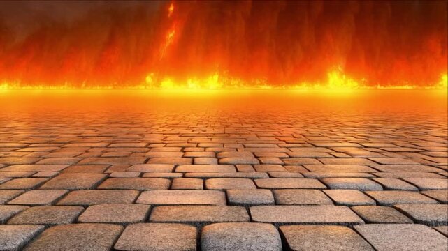 王宮の石畳と地平線の爆発光が反射する歴史的なインフラ背景