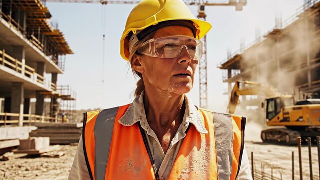 Construction worker facing heat wave under hot sunny weather concept. Female construction worker in safety gear at busy urban building site with heavy machinery and scaffolding