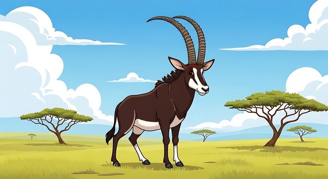 Cartoon sable antelope standing in savanna environment with trees and sky