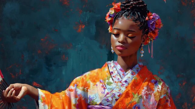 Portrait of a Black Woman in a Floral Kimono Holding a Traditional Hand Fan