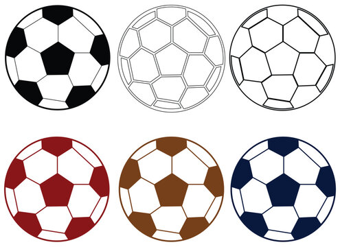 soccer ball vector set with outline and color styles, football ball icon collection in different design styles, sport soccer ball illustration set flat and line icons