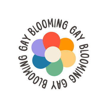 Blooming gay circular typography with colorful rainbow flower icon isolated on white. Playful retro aesthetic graphic for LGBTQ growth, Queer Pride Month, and inclusive branding design. Vector.