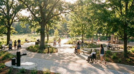 Obraz premium People enjoying a sunny day in a lush green city park with walking paths.