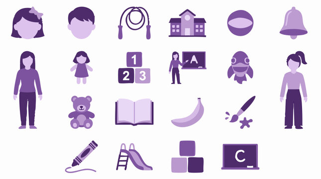 Flat design icons set of childhood, education, school and play