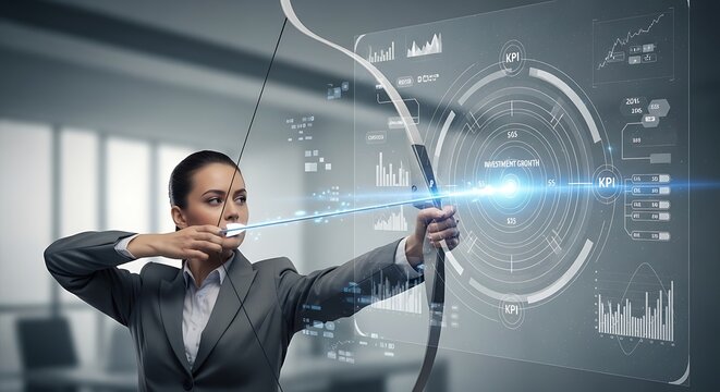 Businesswoman aims bow and arrow at futuristic digital target in office
