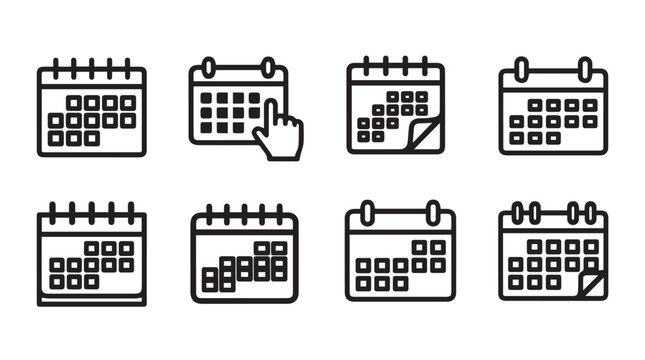 Set of calendar icons showing dates and planning with finger cursor graphic for scheduling