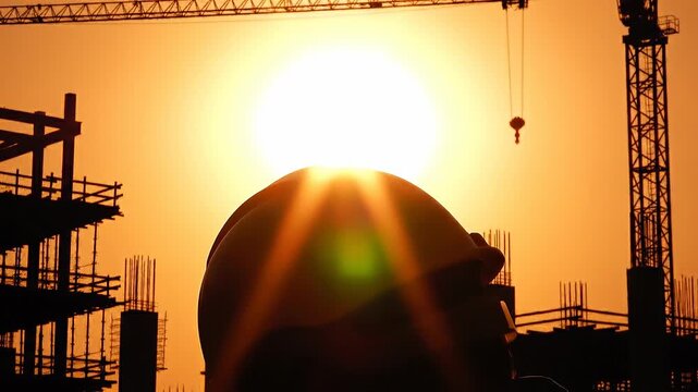 Construction worker facing heat wave under hot sunny weather concept. Silhouette of construction worker with helmet at sunset on building site with cranes and scaffolding