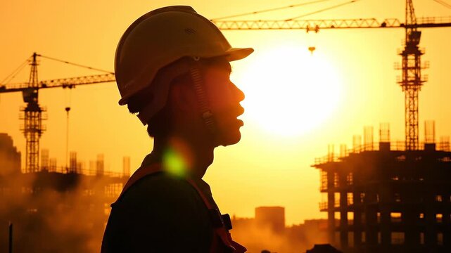 Construction worker facing heat wave under hot sunny weather concept. Silhouette of construction worker wearing helmet at sunset with cranes and building site background