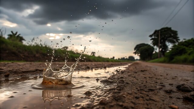 Extreme macro view of rain-soaked clay road with puddles and debris after monsoon in bangladesh