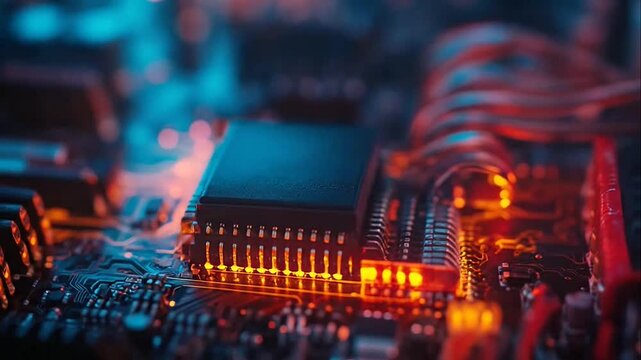 Glowing computer processor on a circuit board with intense orange heat and energy.