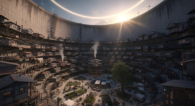 A breathtaking panoramic view of a densely packed, tiered city nestled within an immense circular chasm, its countless homes reaching towards a radiant halo of light at the towering rim