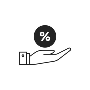black thin line hand holding round percent icon