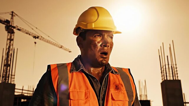 Construction worker wiping sweat from forehead on a sunny building site with cranes