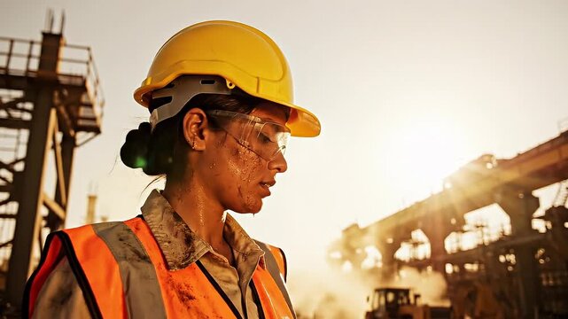 Female construction worker in safety gear wiping sweat during sunset at industrial site