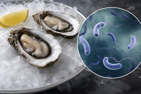 Fresh raw oysters on crushed ice with a magnifying glass or inset showing vibrio bacteria, representing seafood safety and foodborne illness