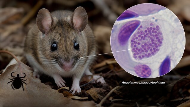 Tick vector, a rodent host, and a zoomed-in inset of morulae (bacterial clusters) characteristic of anaplasmosis, perfect for medical education and parasitology