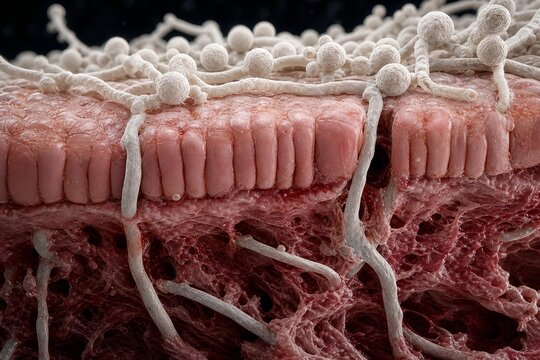 Detailed macro shot of candida albicans fungal infection on human tissue, showing yeast cells and hyphae, representing candidiasis and medical mycology