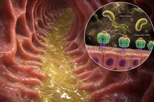 Scientific visualization through a circular lens showing curved vibrio rods and toxin subunits attaching to gut cell membranes, perfect for microbiology education and pathology
