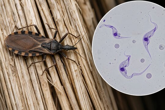 Kissing bug (triatoma) vector of chagas disease, with trypanosoma cruzi parasite, representing american trypanosomiasis public health awareness
