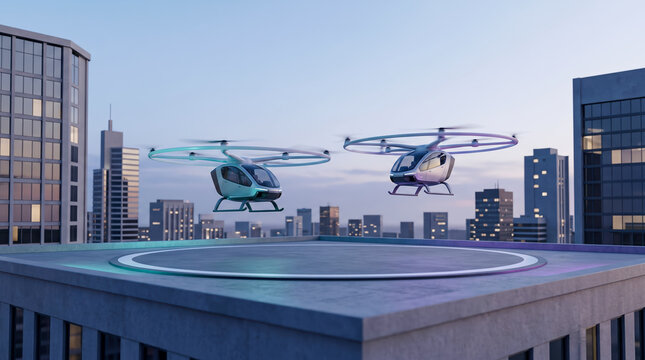 Futuristic eVTOL air taxis hovering over a modern city rooftop helipad