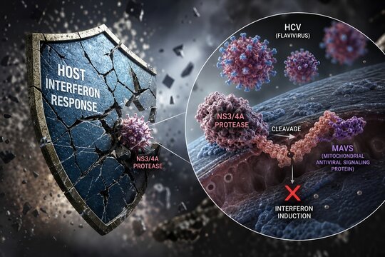 Conceptual medical illustration of a shattered shield symbolizing host interferon response being breached by an hcv ns3/4a viral spike, with magnified hcv particles and mavs cleavage
