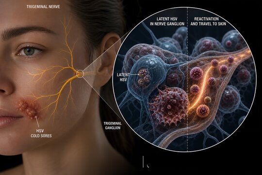Herpes simplex virus type 1 causing a cluster of fluid-filled blisters on the lip margin, commonly known as fever blisters or cold sores