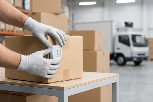 Worker attaching temperature and humidity sensor to shipping box