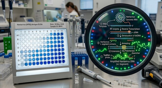 Laboratory elisa workstation for hantavirus detection with a digital monitor showing real-time test results and absorbance readings, representing serological diagnosis