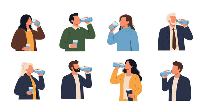 Collection of different people from diverse backgrounds drink water from glasses and bottles to stay properly hydrated and healthy.