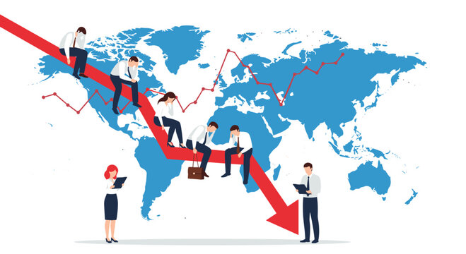 Worried business team sitting on a large red arrow pointing downwards against a world map symbolizing economic crisis.