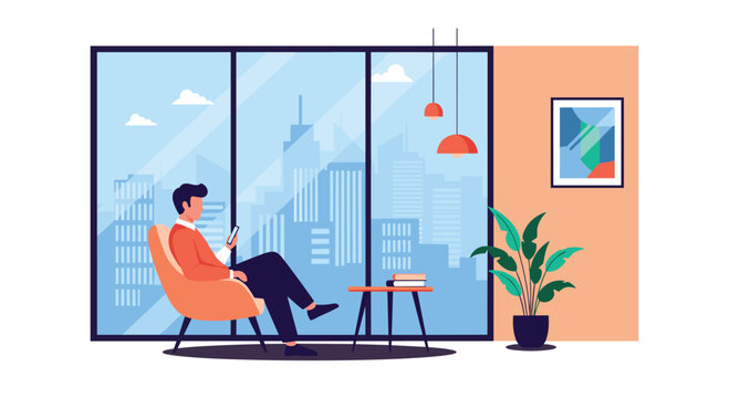 Young professional man sitting in a comfortable orange chair and using a mobile phone in a modern city office.