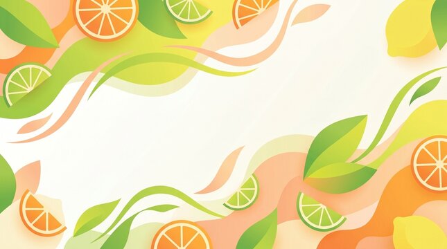 A vibrant, abstract paper-cut style illustration featuring a citrus grove with layered orange, lemon, and lime slices amidst flowing, organic green leaves and wavy patterns.