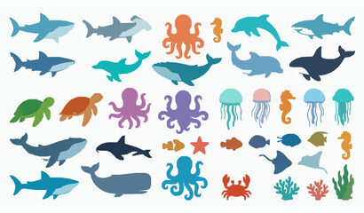 Colorful marine animals vector set cute ocean wildlife collection © Wahida