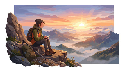 Fototapeta premium A young hiker sitting on a cliff edge drawing in a sketchbook at sunrise.