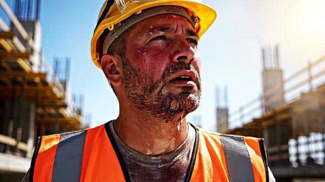 Construction worker wiping sweat on face with cloth wearing safety helmet and vest on building site