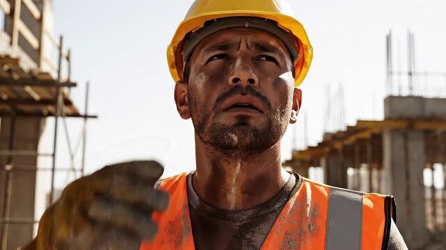 Tired construction worker wearing safety helmet and gloves wiping sweat on building site