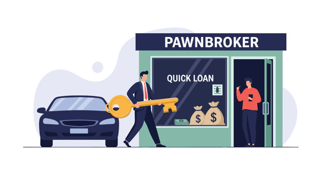 Professional pawnbroker service where a customer brings a car key to get an immediate loan from the shop.
