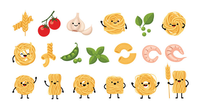 Adorable set of cartoon pasta characters and ingredients including tomatoes garlic peas and basil with happy facial expressions.
