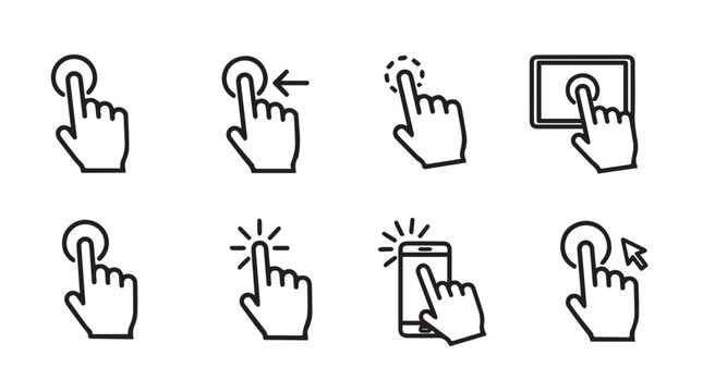 Finger touch screen gestures collection with cursor and tap actions on white background