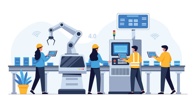 Industrial workers use tablets to monitor a smart factory production line featuring robotic arms and automated machinery.
