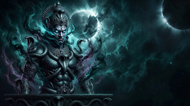 Powerful Rahu Navagraha Deity with Snakes and Lunar Eclipse