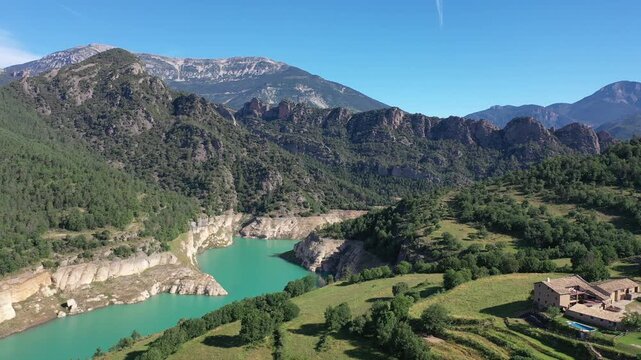 Aerial view Llosa del Cavall reservoir. Cardener. Catalonia, Spain. High quality 4k footage